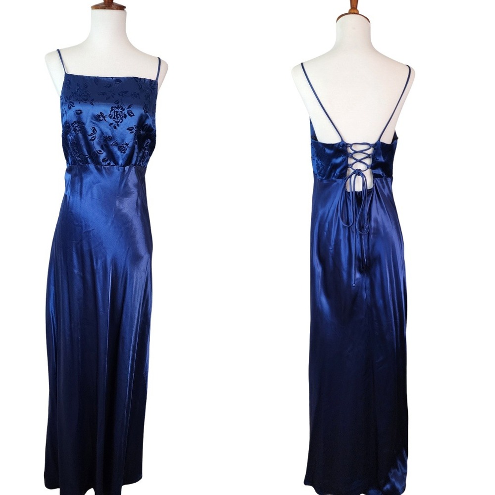 Vintage 90's Y2K Be Smart Satin Maxi Dress 13/14 Navy Whimsigoth Witchy Prom